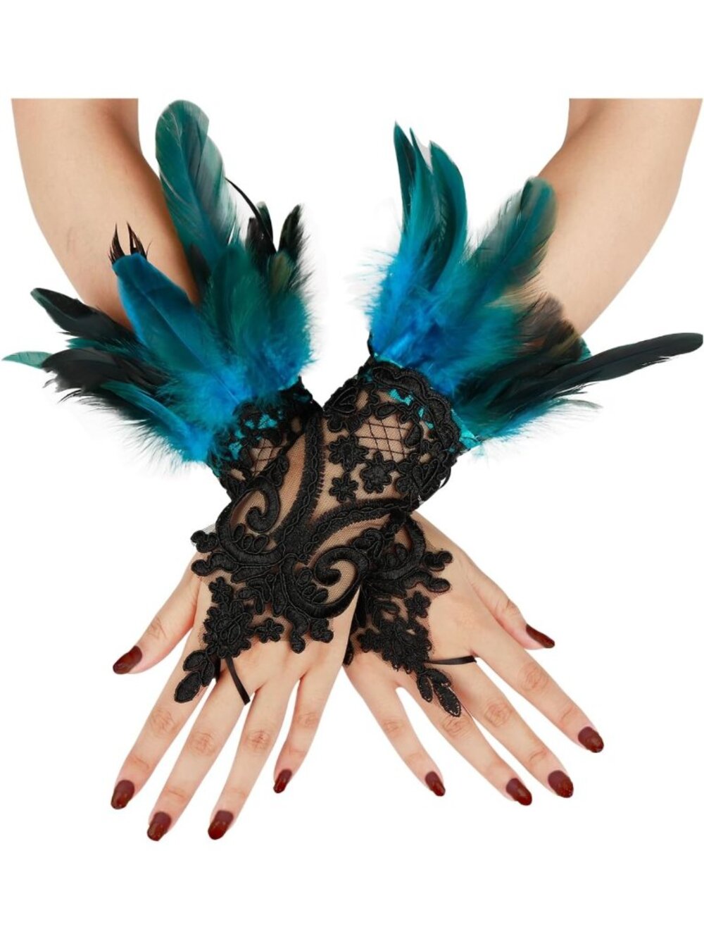 Gothic Black Lace Feather Long Gloves for Women - Halloween Witch Costume